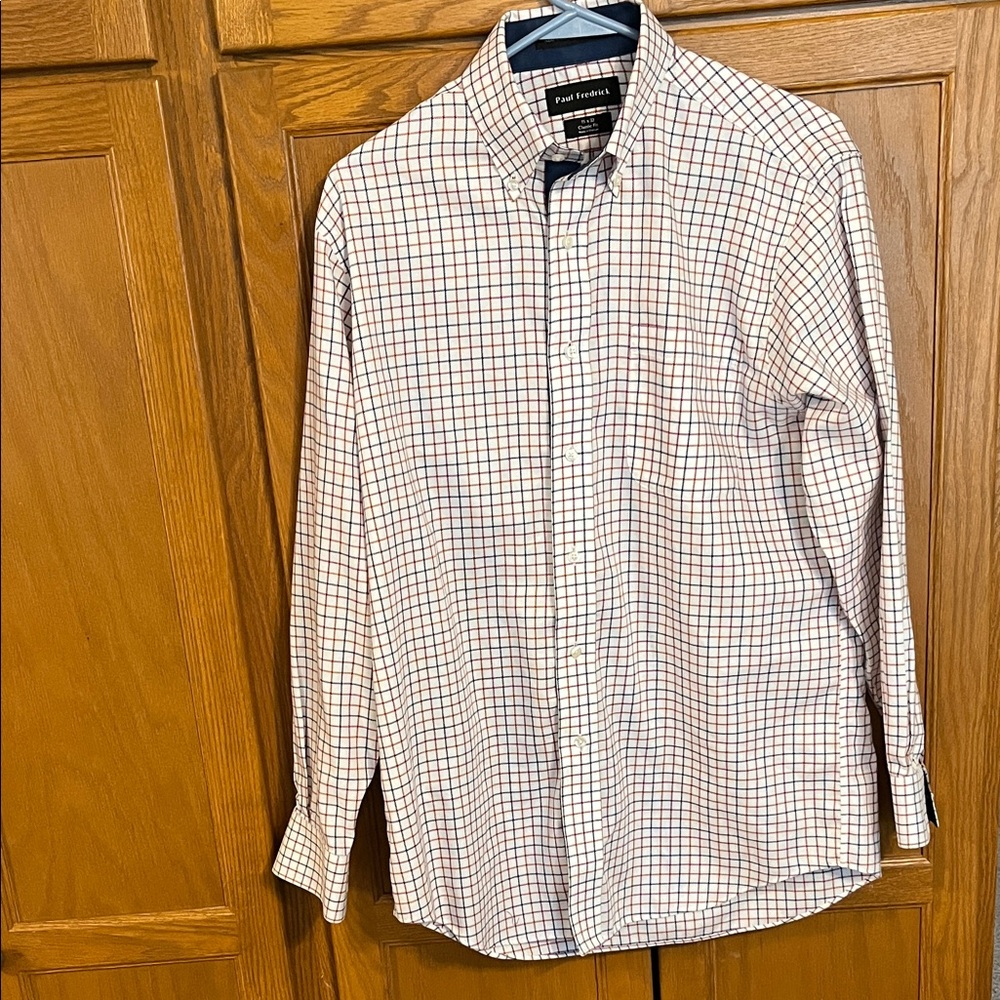 Paul Fredrick Men's White and Blue and Red Checkered Shirt